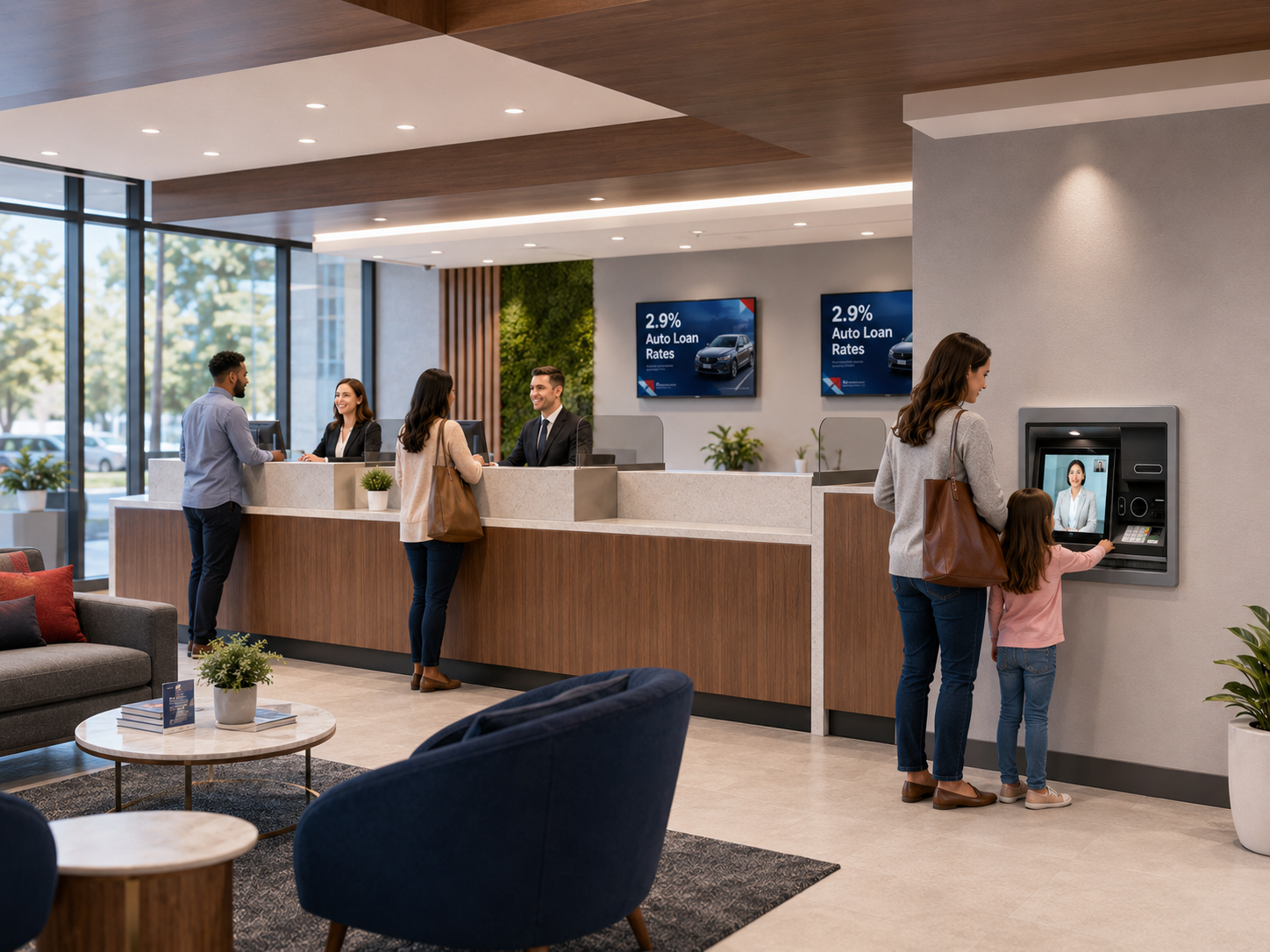 Modern bank lobby with tellers, ATM and ITM services